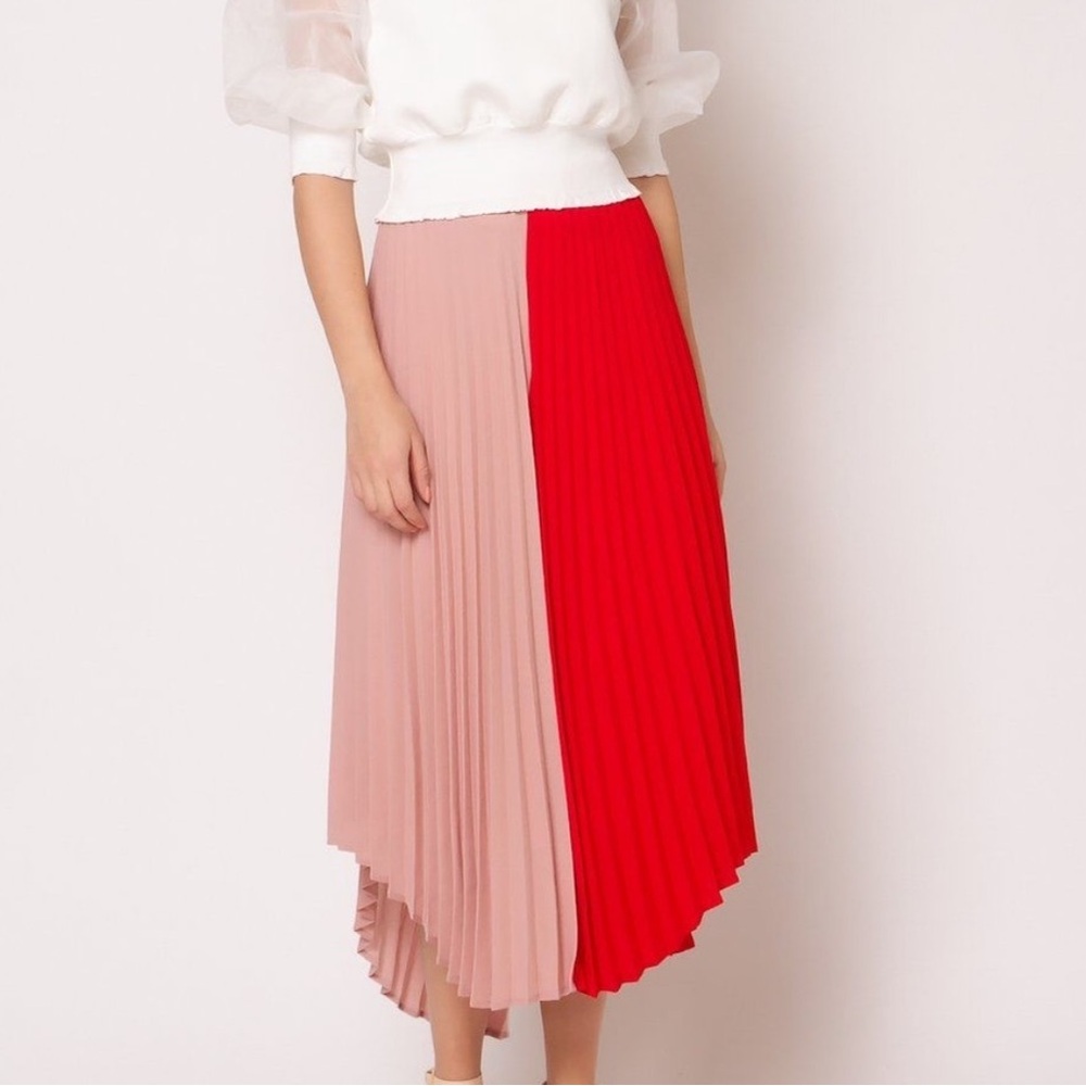 Gracia Red and Pink Colorblock Pleated Midi Skirt
